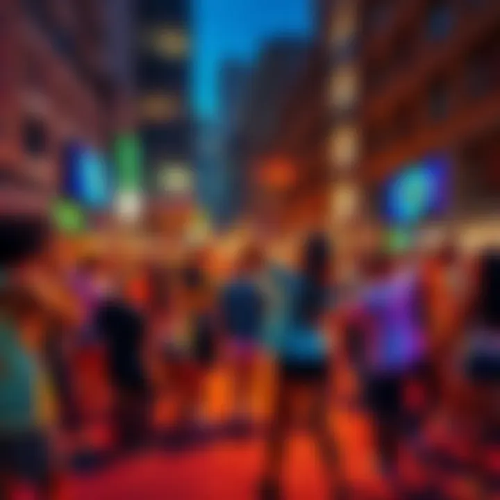 A vibrant urban scene showing people dancing and enjoying the new trend of Backshots, showcasing energy and community spirit.