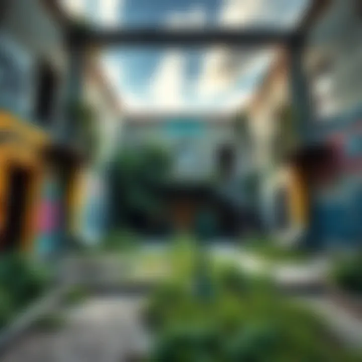 A view of an abandoned building with street art and overgrown vegetation, showcasing a spot for urban exploration.