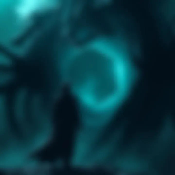 A shadowy figure representing Urouge looks towards a dark, swirling void, hinting at his absence from the story.