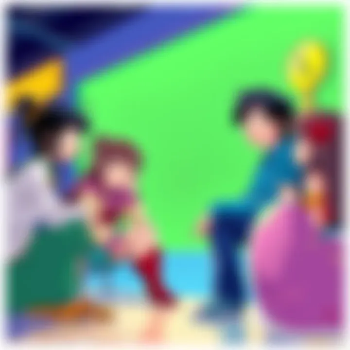 Illustration of characters from Urusei Yatsura discussing new plot developments in a colorful setting