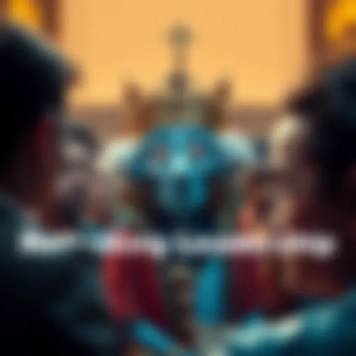 A character dressed as a queen with a goofy expression, surrounded by confused people, representing satire in leadership.