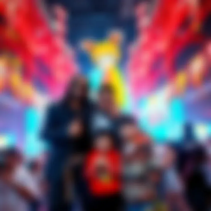 Usher and Steve Aoki at One Piece Event Usher and his children with DJ Steve Aoki at the One Piece Fan Voyage event in Japan, surrounded by fans and colorful decorations.