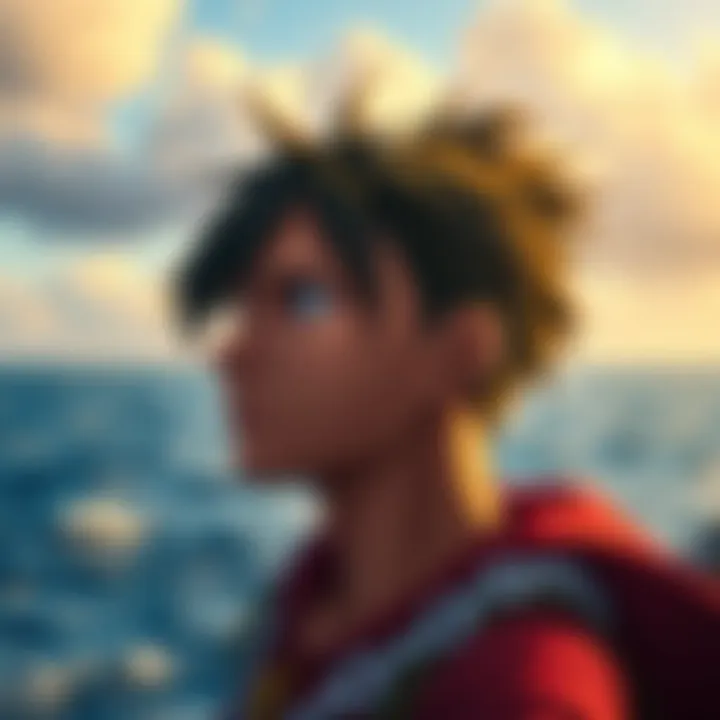 Usopp with a thoughtful expression, looking into the distance, symbolizing pride in his absent father, with a backdrop of the sea.