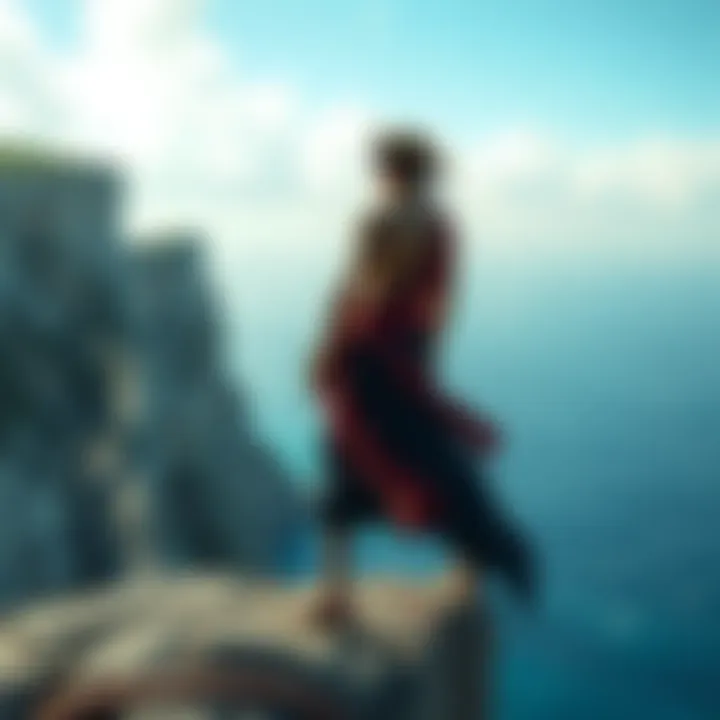 Usopp stands on a cliff in Elbaph, looking contemplative and determined, with an ocean backdrop