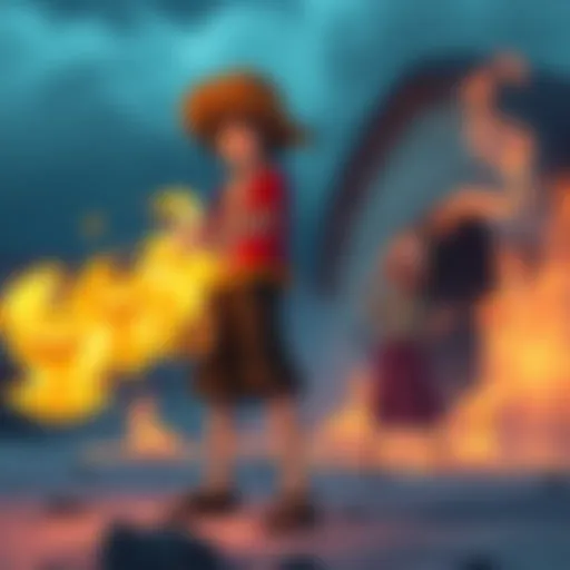Usopp standing confidently, creating flames to scare an astonished character named Sugar, who looks frightened and about to faint.