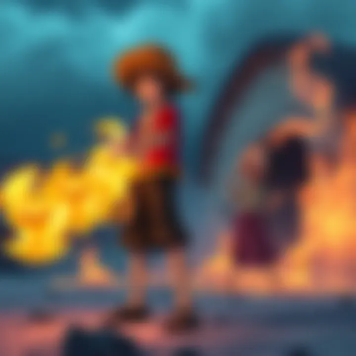 Usopp standing confidently, creating flames to scare an astonished character named Sugar, who looks frightened and about to faint.