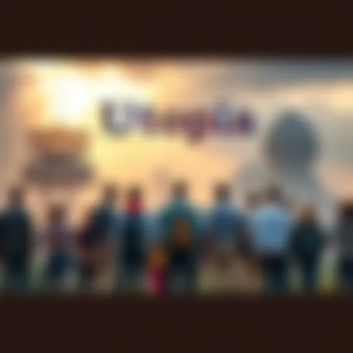A group of diverse people standing together, contemplating their environment. The setting reflects a mix of nature and urban life, symbolizing the clash of ideals. The title 'Utopia' prominently displayed above them.