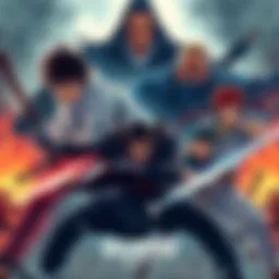 Vagabond and Berserk Characters A dynamic scene showcasing the main characters from Vagabond and Berserk in a dramatic battle pose, highlighting their distinct styles and intense expressions.