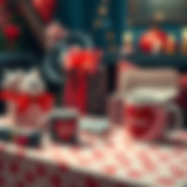 A cozy scene with a selection of unique Valentine's Day gifts for Autofister, including a themed car accessory, a personalized keychain, and a heart-shaped mug, all arranged on a gift-wrapped table.