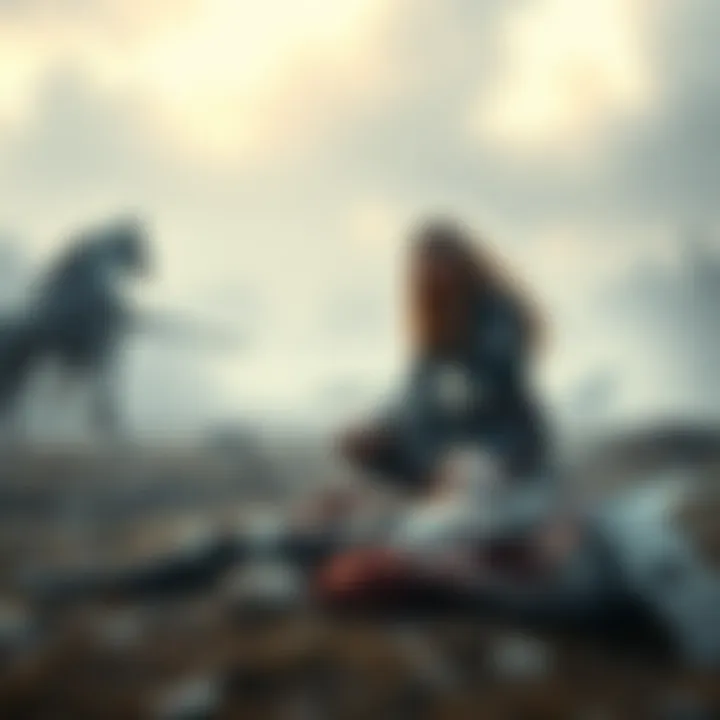 A Valkyrie in armor kneels beside a fallen warrior, looking sorrowful in a misty battlefield.