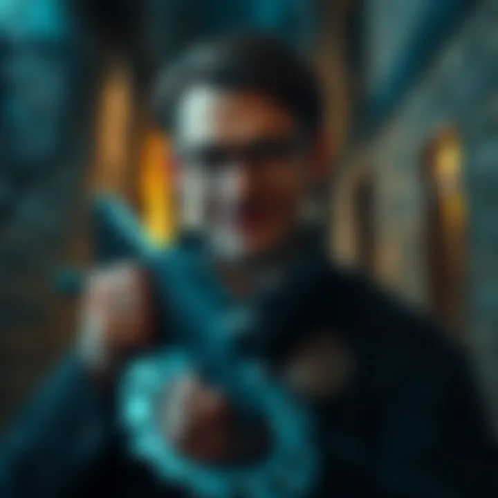A confident vampire hunter wearing round glasses and a smirk, holding a crossbow in a dark alley.