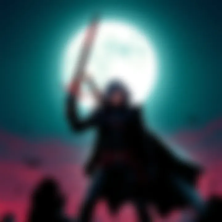 Vampire Hunter D stands ready with a sword under a full moon, showcasing retro animation style