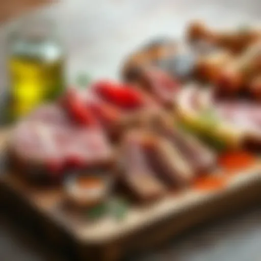 A variety of meat cuts including beef, pork, and chicken arranged on a wooden board with herbs and spices.