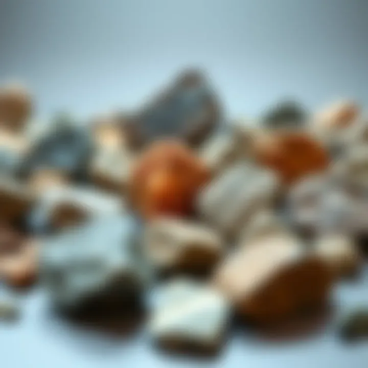 Different types of rocks arranged on a table, showcasing their unique textures and colors.