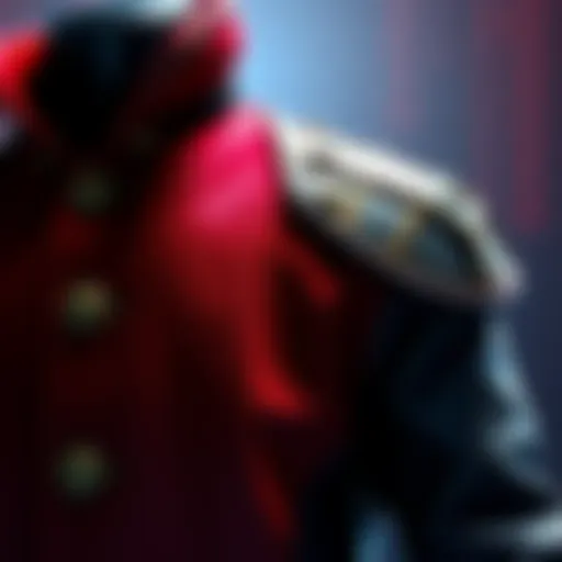 A close-up view of Vash's 98 coat showcasing the button design and shoulder draping techniques, highlighting its unique style.