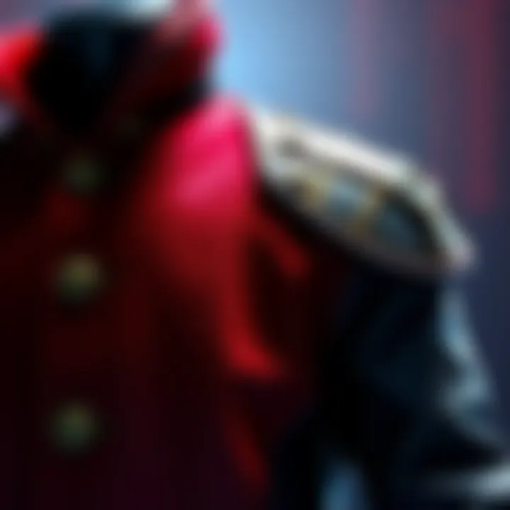 A close-up view of Vash's 98 coat showcasing the button design and shoulder draping techniques, highlighting its unique style.