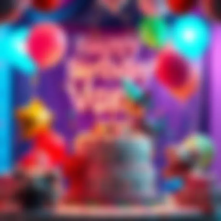 Colorful birthday decorations with cake and balloons celebrating Vash's birthday