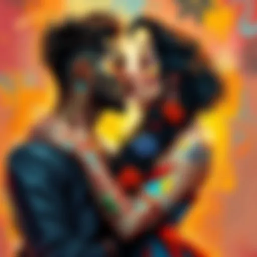 A colorful painting depicting Vash and Wolfwood sharing a kiss, symbolizing love and peace in an Adelaide art setting.