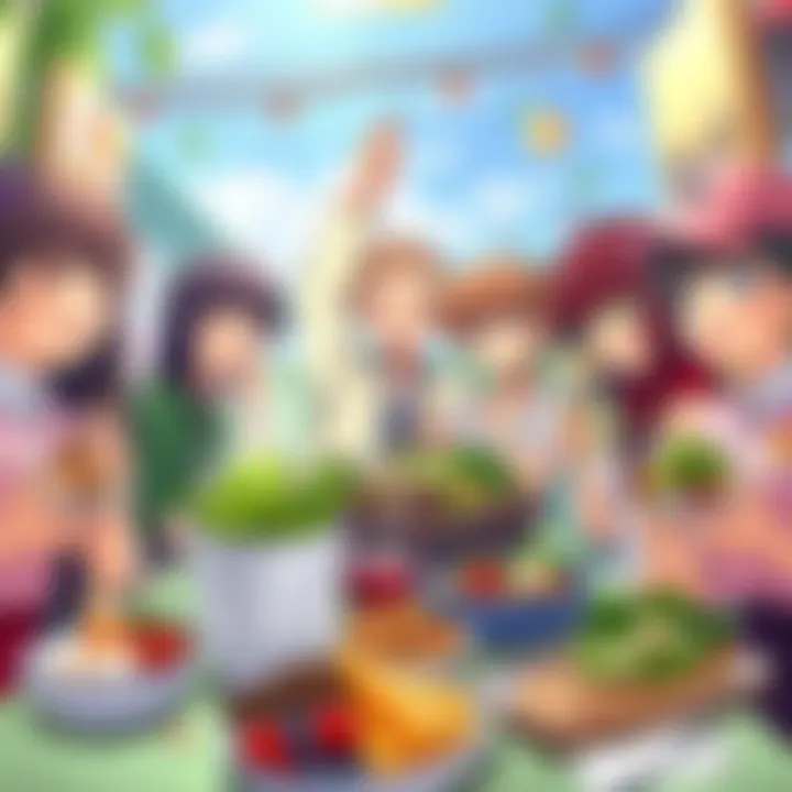 A vibrant scene showing various anime characters enjoying plant-based foods in a lively setting, showcasing their vegan lifestyle with colorful dishes and happy expressions.
