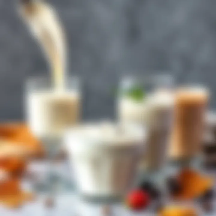 A side-by-side comparison of a bowl of heavy cream and various vegan milk alternatives in glasses