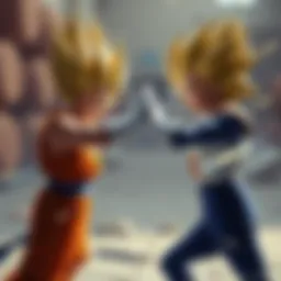 Vegeta and Cabba face off in a training match, showcasing Vegeta's skills while mentoring Cabba for the Super Saiyan transformation.
