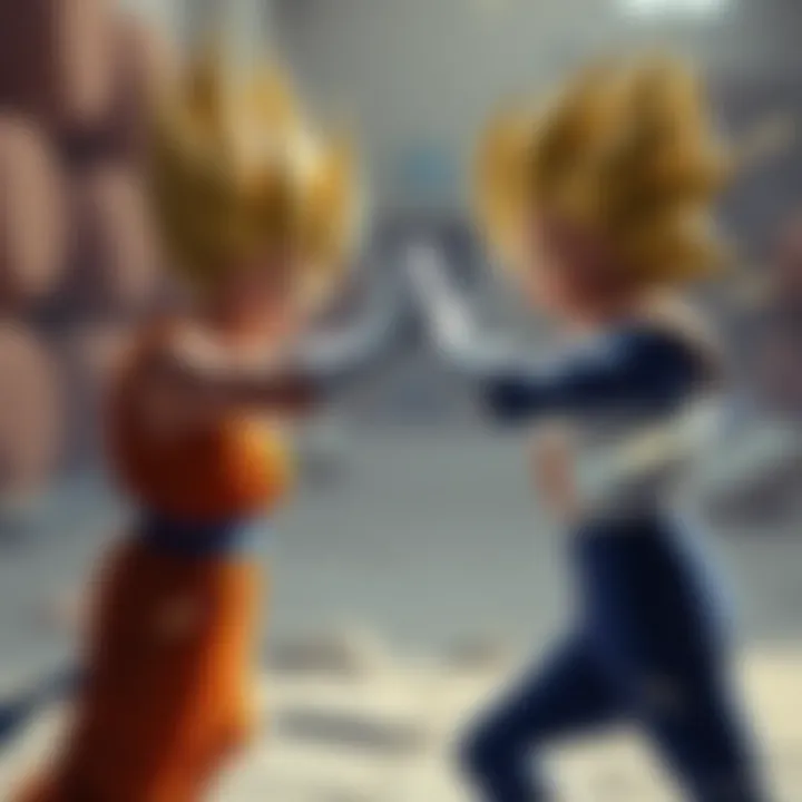 Vegeta and Cabba face off in a training match, showcasing Vegeta's skills while mentoring Cabba for the Super Saiyan transformation.