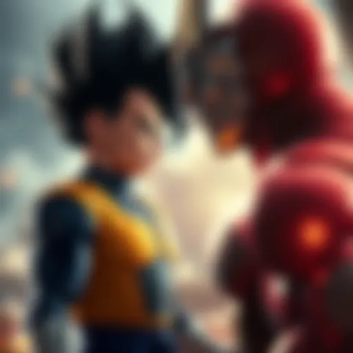 Vegeta stands confidently, looking at a powerful enemy, showing determination and awareness of his own strength.