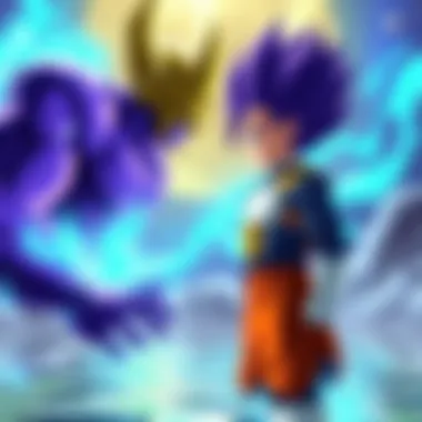 Vegeta standing confidently before Beerus Vegeta in his SSJ2 form facing Beerus, showing determination and strength