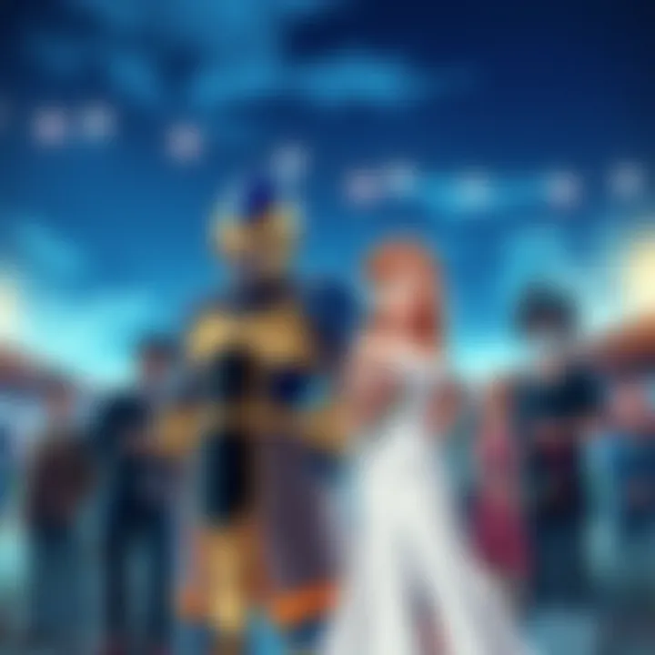 Vegeta in his battle armor and Bulma in a wedding dress, standing together with a backdrop of friends and family