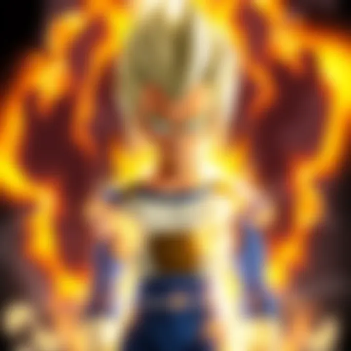 Vegeta standing with a serious expression, surrounded by energy aura, symbolizing his powerful character and past actions.