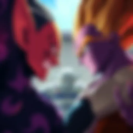 Vegeta angrily faces Freeza, who is smiling with the Ginyu Force in the background, preparing for the tournament commentary