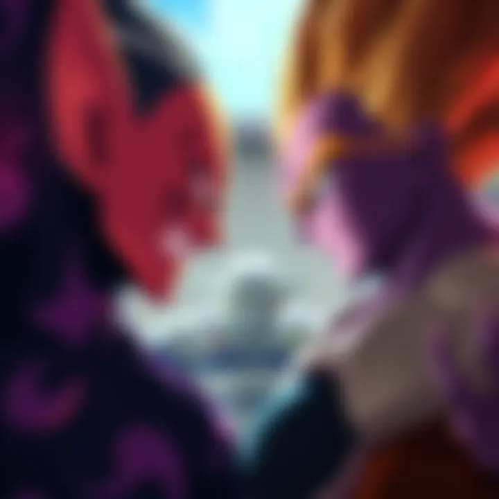 Vegeta angrily faces Freeza, who is smiling with the Ginyu Force in the background, preparing for the tournament commentary