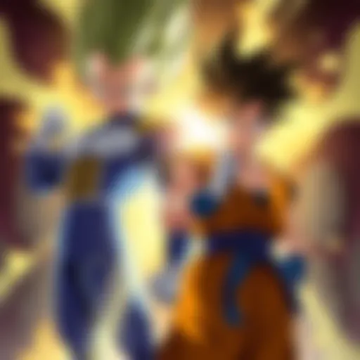 Vegeta stands confidently next to Gohan, both in fighting poses with intense expressions, ready for a challenge