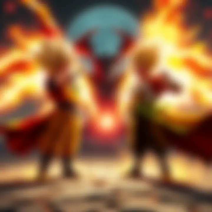 A dynamic scene showing Vegeta and Goku preparing to battle against Dante and Vergil, with energy surging around them.