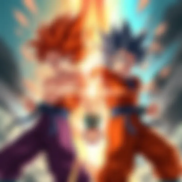 Vegeta and Goku fuse together, powering up for a battle against Simon from Tengen Toppa Gurren Lagann with energy radiating around them.