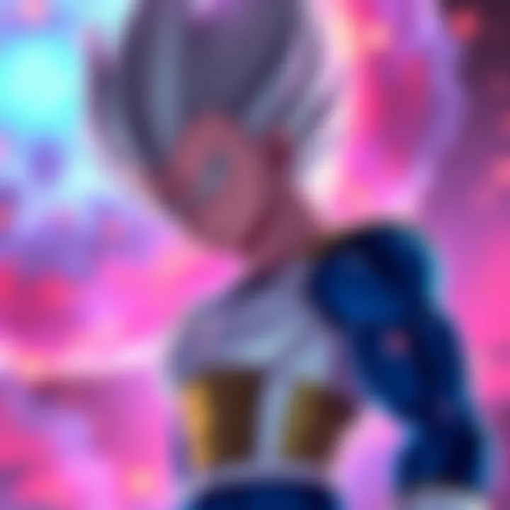Vegeta in a dramatic pose during his final moments, showcasing his fierce determination and sadness, with a vibrant background reflecting his power.
