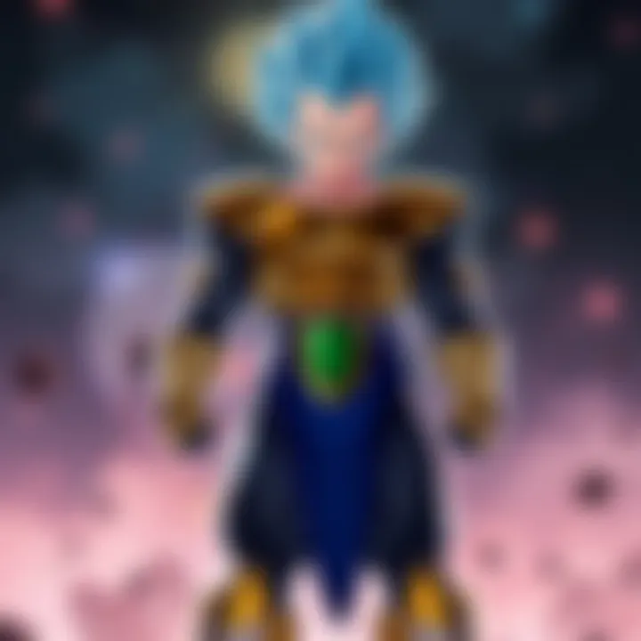 Vegeta wearing his new armor, standing confidently in a battle-ready stance, showcasing his muscular build and determined expression.