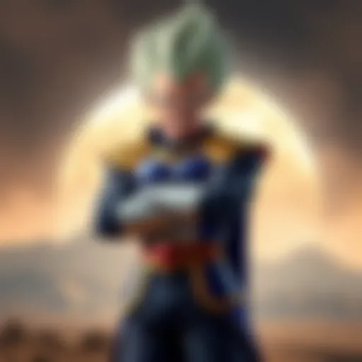 Vegeta confidently standing with arms crossed, wearing royal Saiyan armor and smirking, in front of a backdrop of a desolate planet.