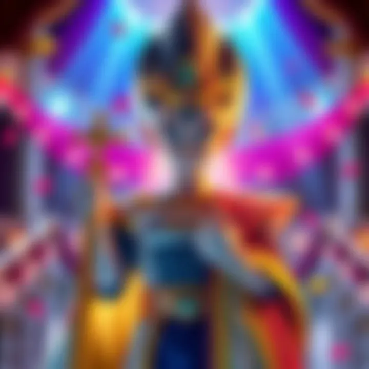 A character inspired by Vegeta, dressed in a royal gown with a crown, holding a scepter, surrounded by colorful lights and playful elements.