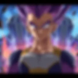 Vegeta watching Trunks' fate Vegeta stands with a pained expression as he witnesses his son Trunks being attacked by Cell, highlighting his emotional turmoil.