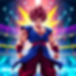 Vegito in Battle Pose Vegito stands ready for battle, showcasing his powerful stance in a vibrant arena filled with energy.