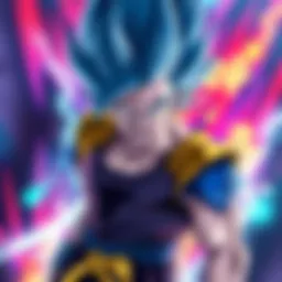 Colorful artwork of Vegito Blue, showcasing his fierce expression and powerful stance, with a vibrant background representing energy and action.