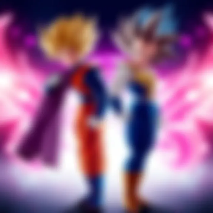 Vegito and Gogeta standing side by side, showcasing their unique outfits and features, with a glowing background representing their powerful fusion.