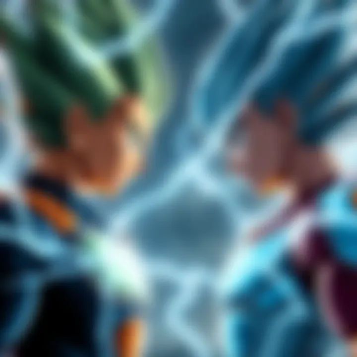 Vegito and Kefla facing each other, ready to fight with energy crackling around them.