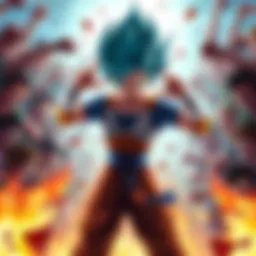 Vegito character pose controversy Vegito in a dynamic fighting pose surrounded by angry fans expressing outrage