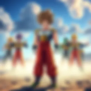 BASE Vegito standing confidently against a group of Broly D riders who are playfully interacting. The scene captures a humorous showdown of strength.