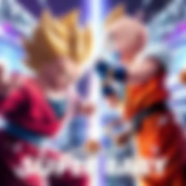 Vegito (Buu) and Super Baby face-off in an intense battle, showcasing their powers and fighting skills.