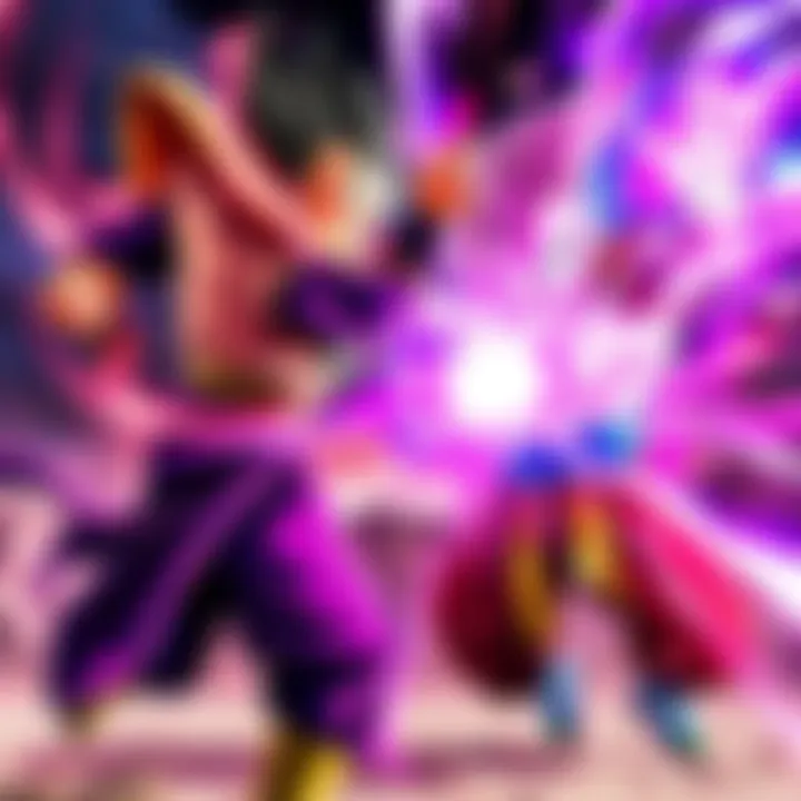 Vegito fighting Super Buu Vegito and Super Buu engaged in a fierce battle with vibrant energy effects and dynamic poses