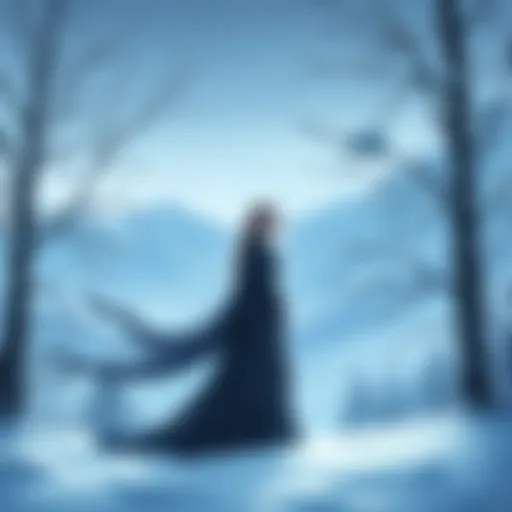 A character named Velena stands gracefully in a snowy landscape, embodying elegance and control, with a serene expression that reflects winter sorrow.