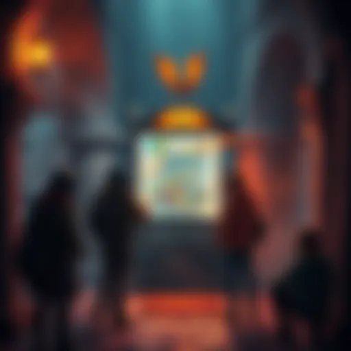 A vending machine set in a fantasy dungeon environment with mystical lighting and stone walls, surrounded by adventurers discussing their next moves.